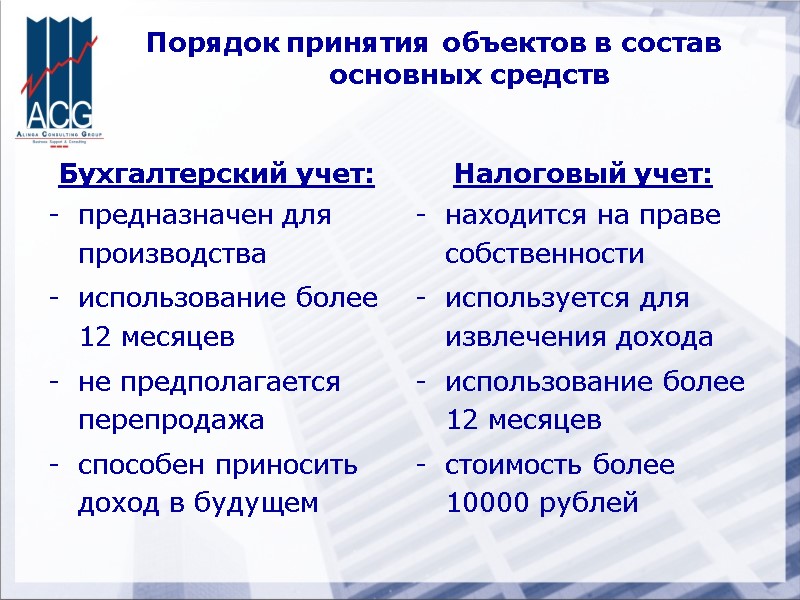 Порядок принятия объектов в состав основных средств  Бухгалтерский учет: предназначен для производства использование